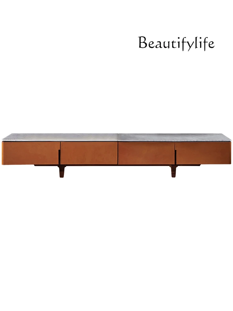 

Italian Minimalist Walnut TV Cabinet Modern Living Room Light Luxury Saddle Leather Marble Low Cabinet