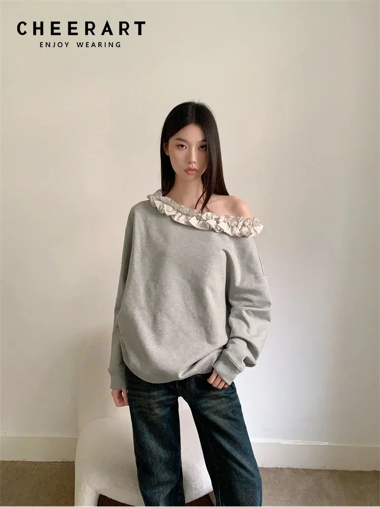 CHEERART Off The Shoulder Frill Gray Hoodies Pullovers Sweatshirt Women Long Sleeve Top Autumn Spring Fashion Clothing