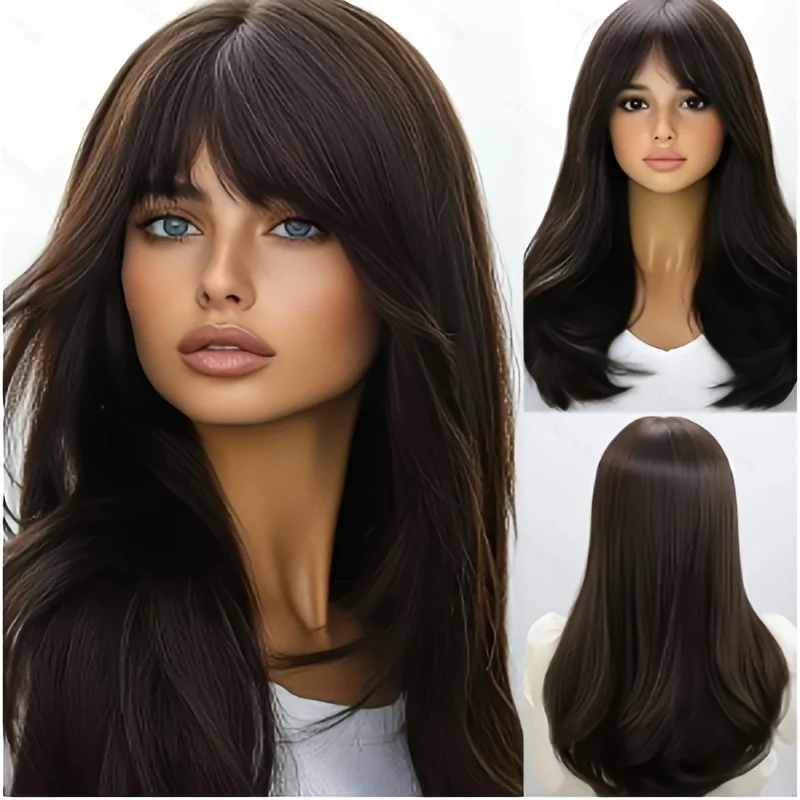 

Женский прямой многослойный парик с челкой из синтетических волос, естественный повседневный стиль, термостойкий парик для женщин, модный элегантный парик темно-коричневого цвета