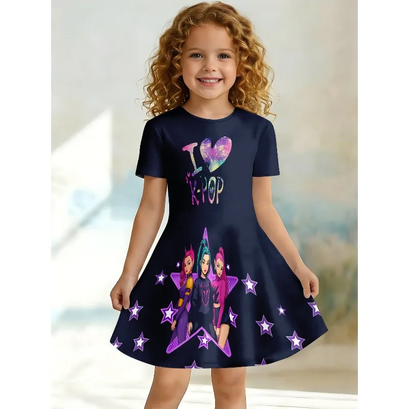 Girl I Love K-POP Printed T-shirt Dress Children's Star and Heart Shaped Casual Dress Suitable for Birthday Gifts