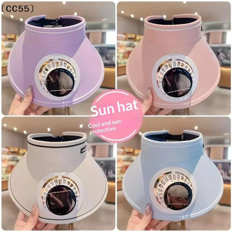 Wide Brim Sun Hat With Fan Breathable Solar Powered Fan Outdoor Visor Hat Empty Top Sunshade Beach Sunshade Hat Women〔CC55〕