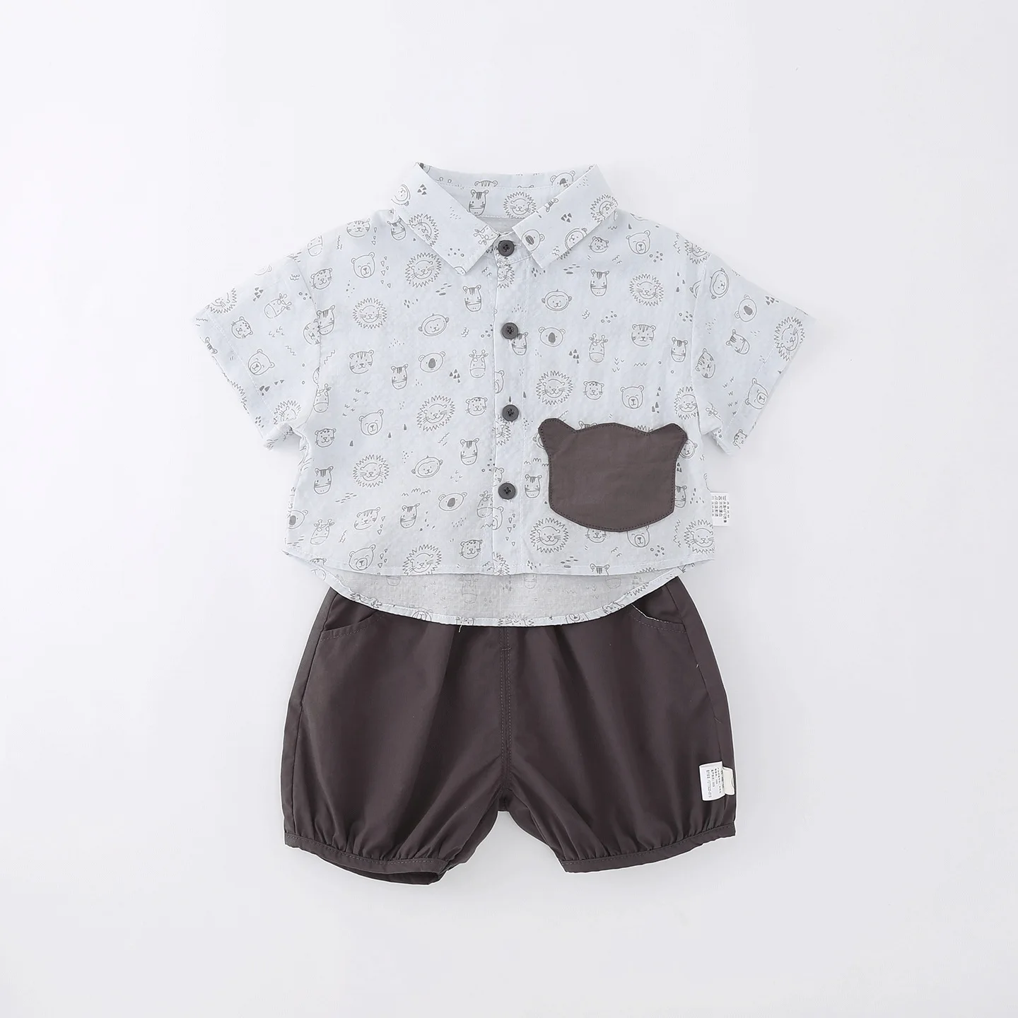 2026 Summer Baby Boy Lightweight Stylish Shirt Outfits Cartoon Animal Print Top Bubble Shorts Infant 2pcs Set Baby Clothes