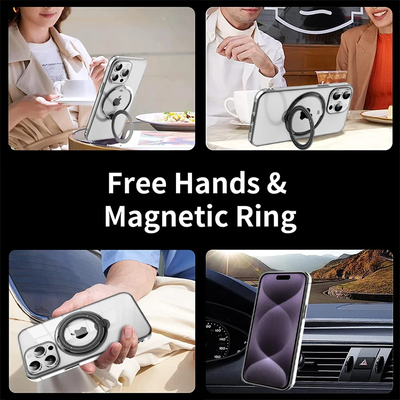 For iPhone16 Pro Max ,16 Plus Case Magnetic Transparent Soft TPU Plating Bracket Ring Back Holder Lens Protection Cover for iP16 image 2