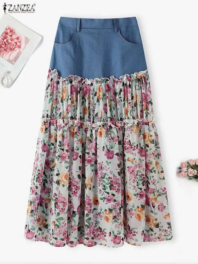 ZANZEA Vintage Floral Print Long Skirts 2025 Autumn Women Elastic Waist Jupes Faldas Saia Patchwork Casual Pocket Maxi Bottoms