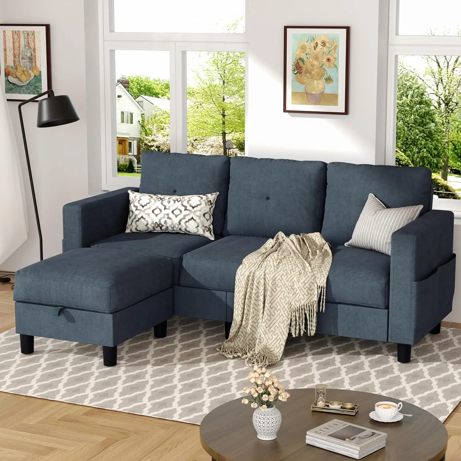 Convertible L-Shaped Sectional Sofa with Ottoman, 3-Seat Linen Fabric for Small Living Room & Apartment, Dark Gray, Customized