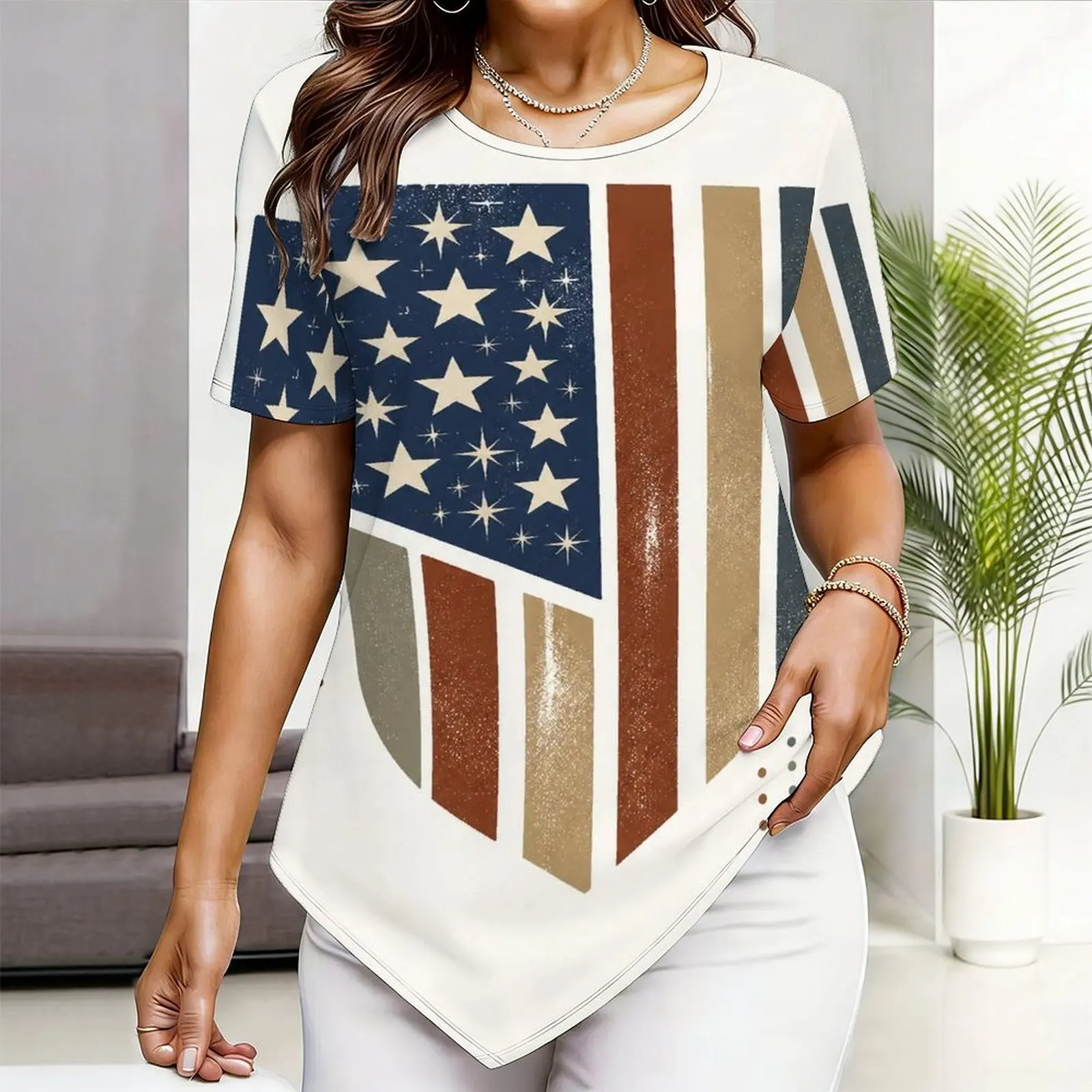 Round Neck Short Sleeve Pointed Hem Printed Top for Women