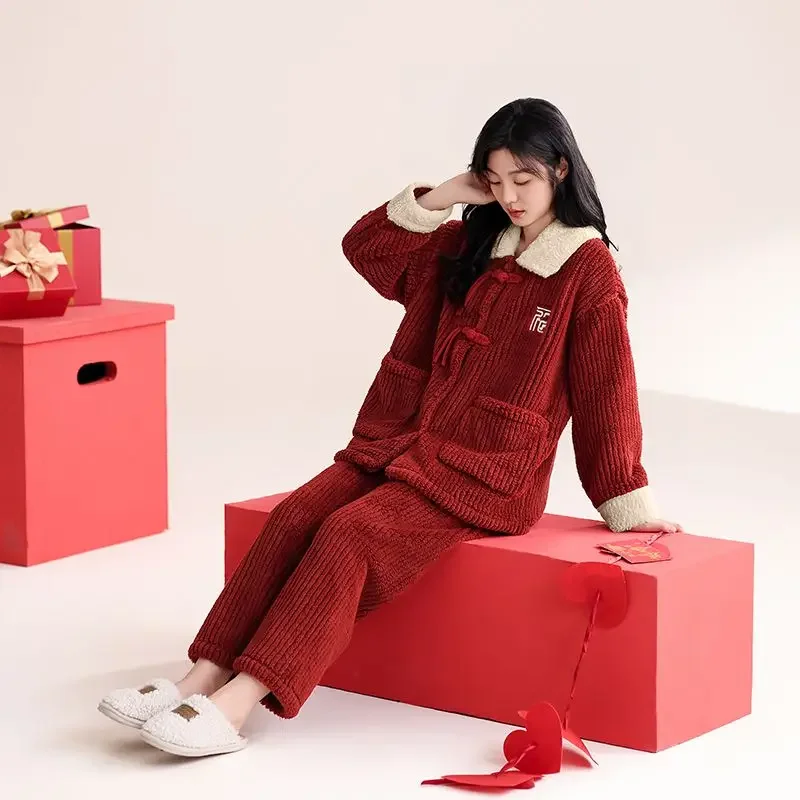 Wedding Couples Pajamas Winter Season Coral Velvet Wedding Set Festive Red Year of Men and Women's Home Clothes Foreign Style