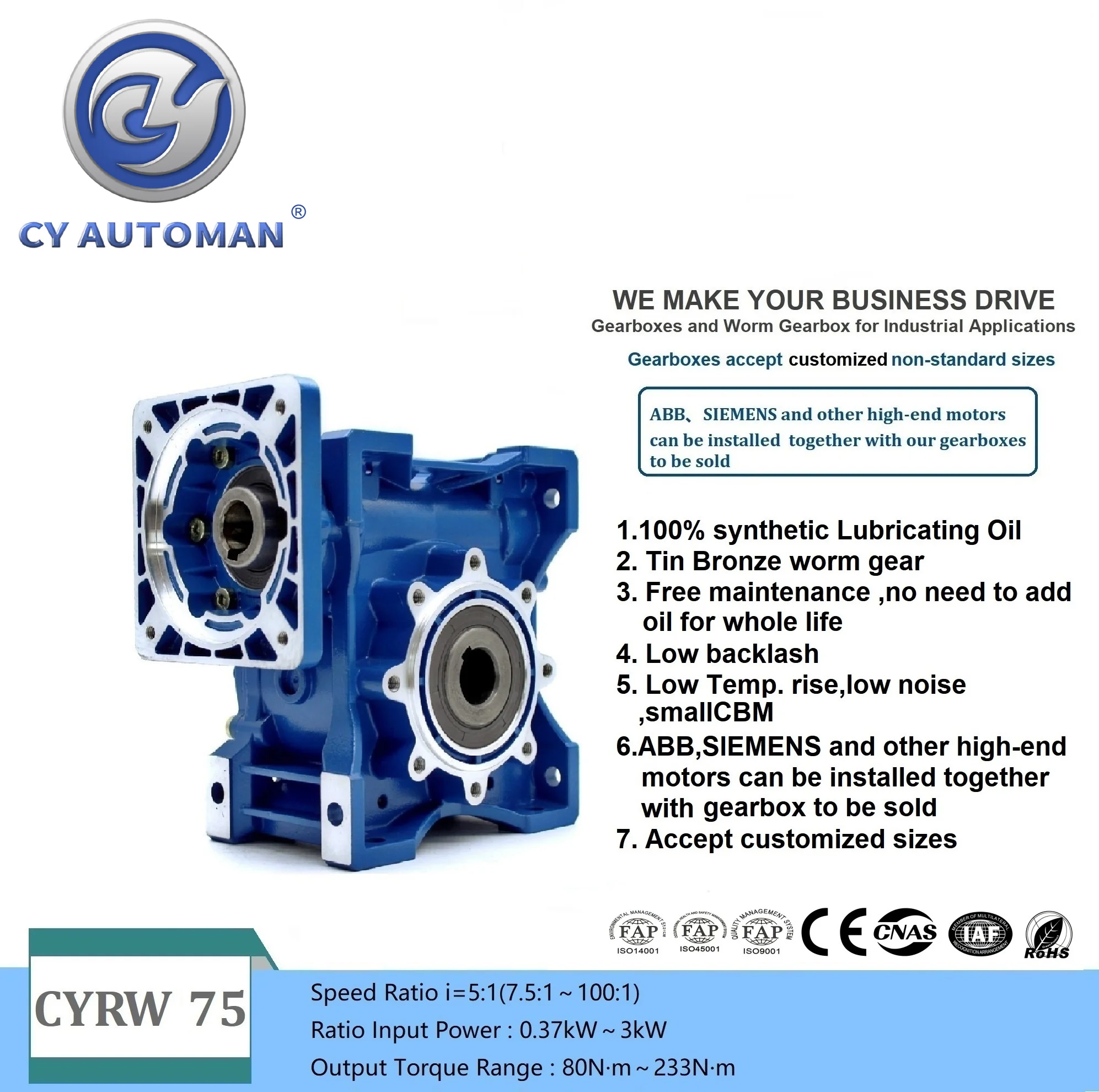 CYAutoman High Torque Worm Gearbox  Speed Reducer  NMRW75 RW75 Input 19/22/14/24/28mm  Ratio 5:1/100:1  Tin bronze for CNC