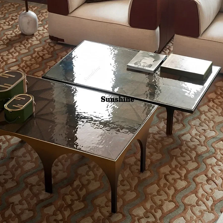 

Итальянский кофейный столик из гофрированного стекла в стиле лёгкой роскоши, квадратный, из нержавеющей стали, для гостиной, чайный столик.