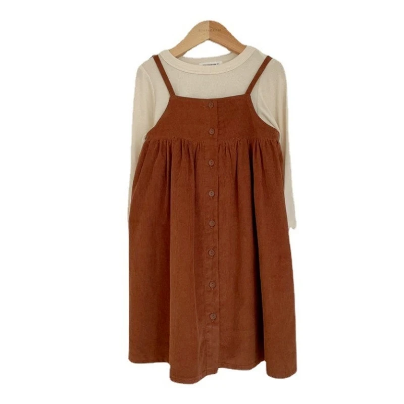 2024 New Spring Girls Midi Dress Long Teen Kids Corduroy Fall Dress Children Cotton Jumper Buttons Baby Clothes Suspender Autumn