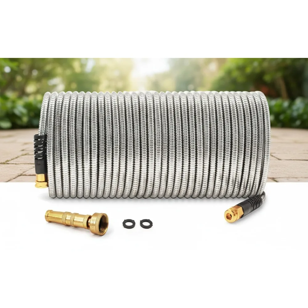 

100ft Stainless Steel Garden Hose - Flexible, Lightweight, Kink-Free Metal Water Hose with Brass Nozzle for Outdoor Yard Use