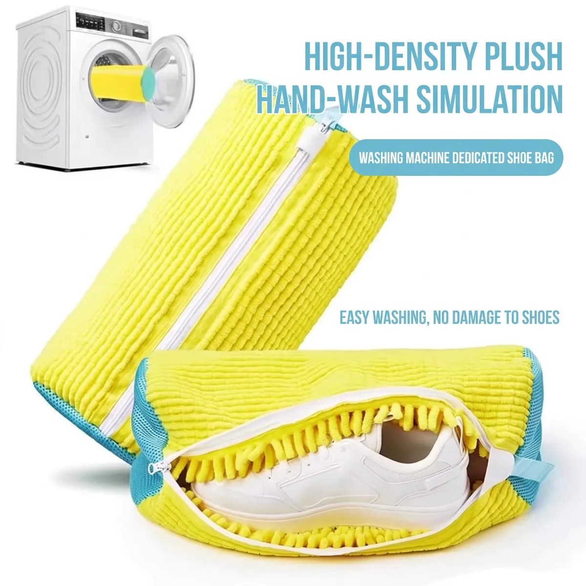Shoe Washing Bag for Washing Machine, Fluffy Fiber 360° All-Around Cleaning, Durable Zipper Reusable Oval Sneaker Laundry Bag