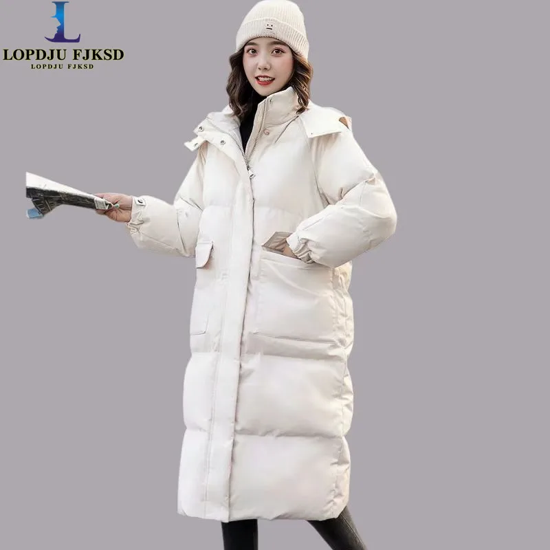 

Длинная женская толстая хлопковая куртка, свободное пальто с капюшоном, женская одежда, Корея, молния, новинка, зима, 2025