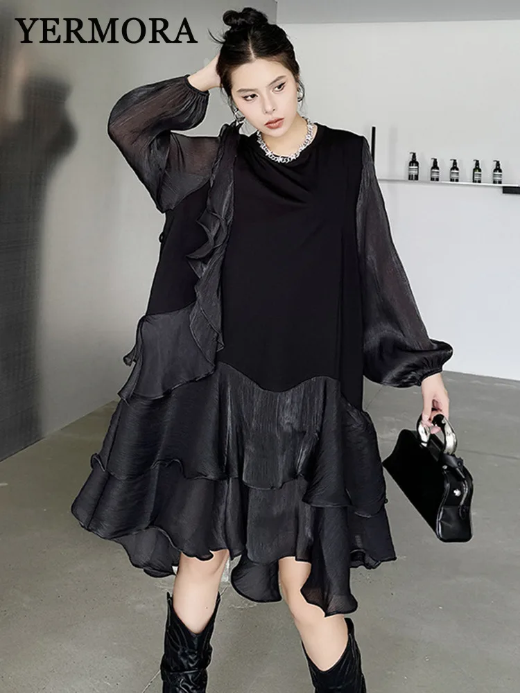 YERMORA Organza Irregular Ruffles Big Size Casual Dress For Women O-neck Long Sleeve Fashion Tide Spring Summer 2025 New A344