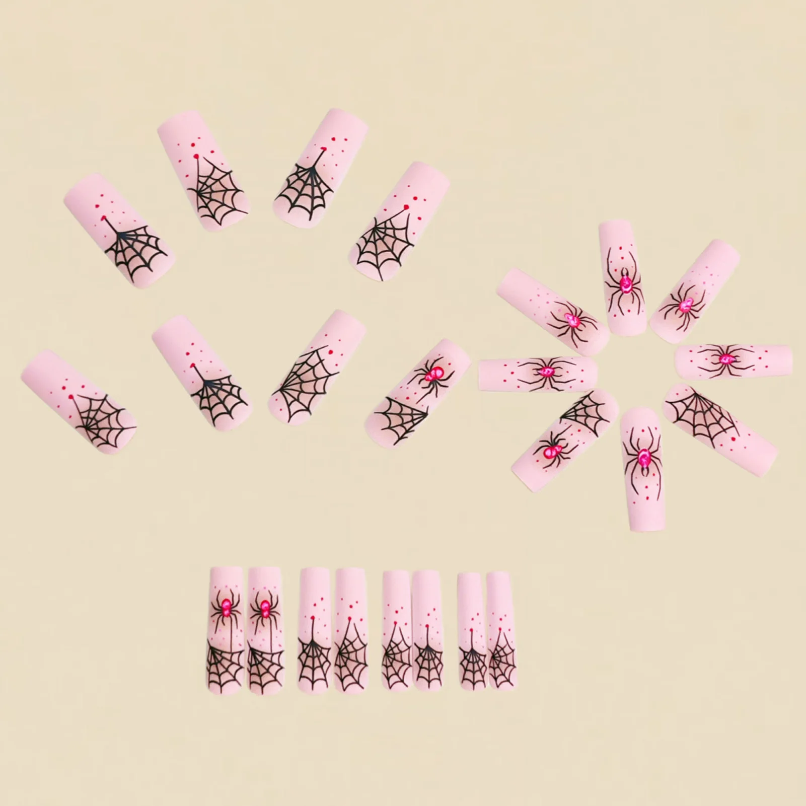 24Pcs Press On Nails Resin Gel Pink Rhinestone Spider-Web Design for Halloween Party, Scratch Resistant False Fingernails