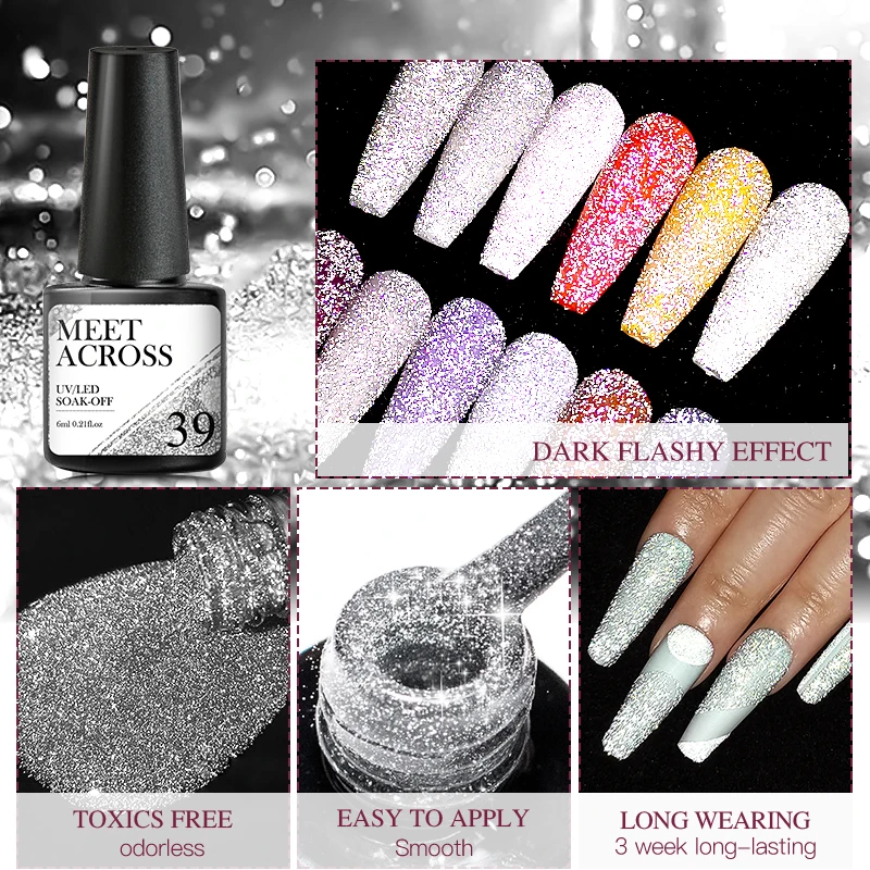 Reflective Glitter Top Coat Gel Nail Polish Silver Colorful Sparkling Laser Semi permanent Varnishes Soak Off Nail Art UV Gel