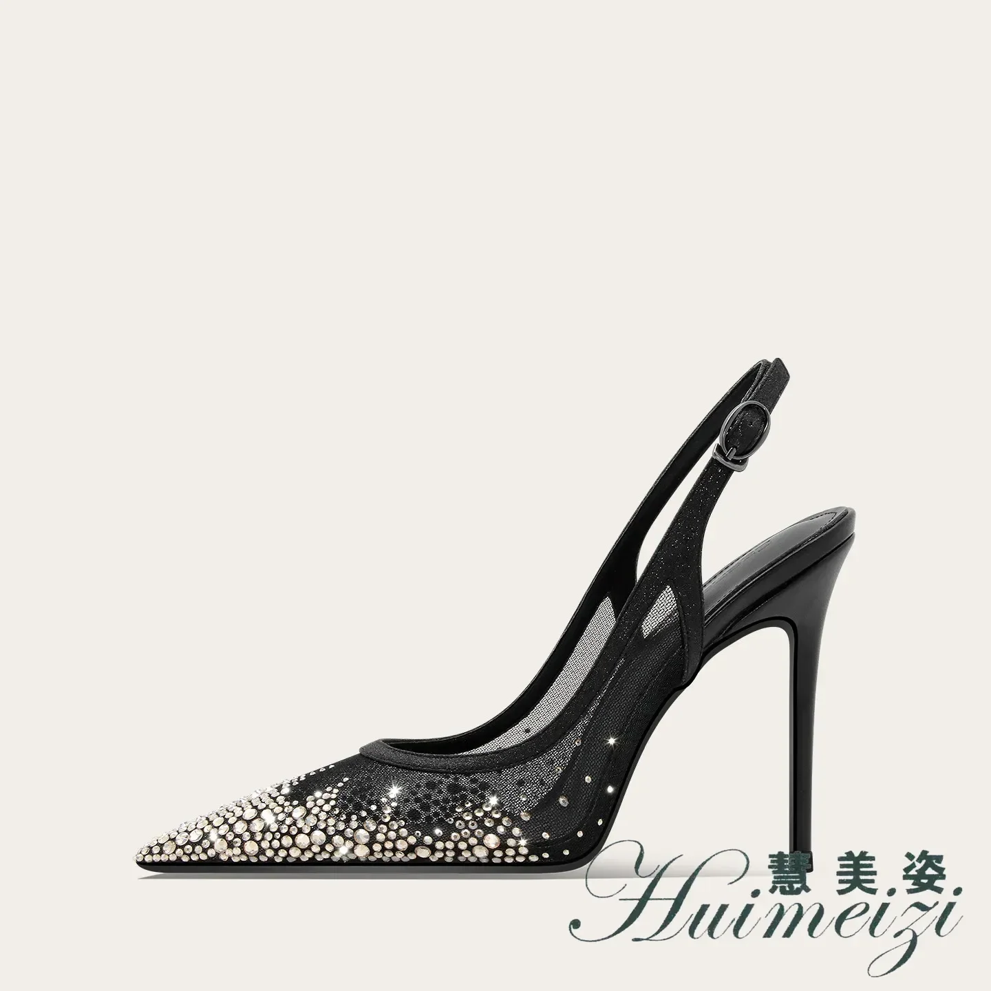 HMZ Summer Women Heel Sandals 2027 Mesh Rhinestone High Heels Black Backless Dress Shoes Elegant