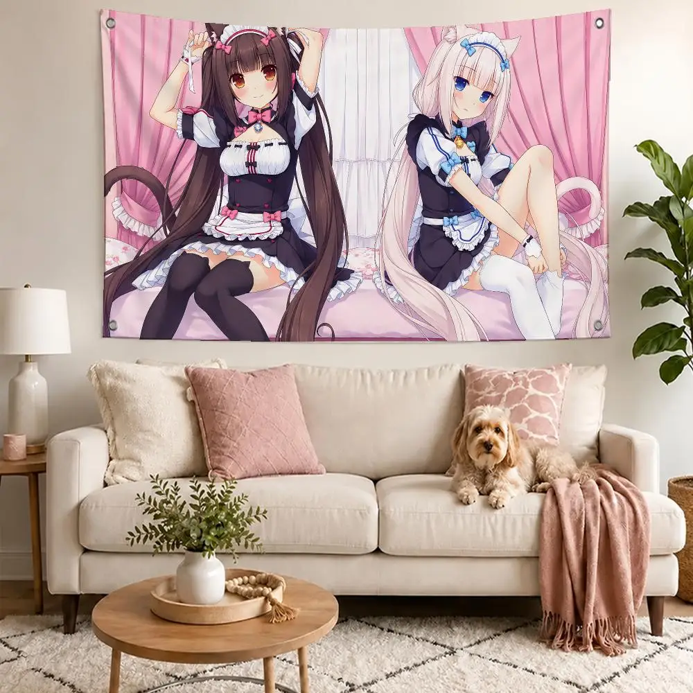 Cute Game Nekopara Flags Concert Print Wall Hanging Art Banner, Indoor Outdoor Bedroom Home Decor Backdrop, Perfect Gift