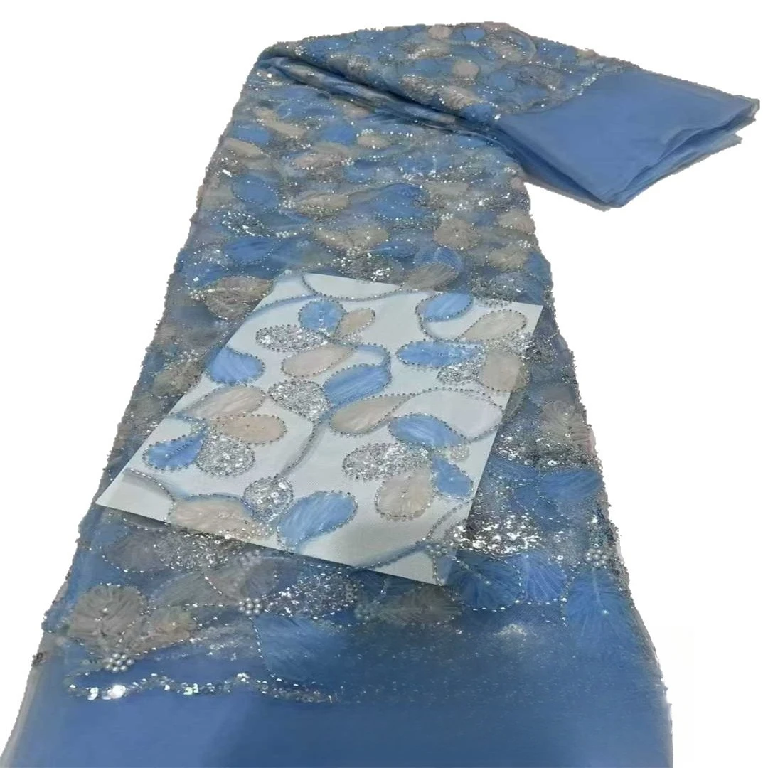 نسيج تطريز مطرز بشريط ثلاثي الأبعاد فرنسي بلونين وفستان قماش مطرز بالترتر الشبكي الأفريقي