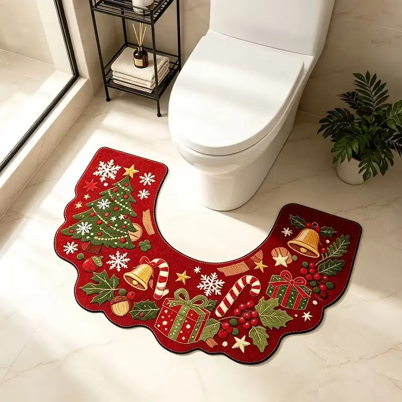 VIKAMA Plush Christmas U Shaped Toilet Mat Santa Claus Snowman Gingerbread Non Slip Washable Bathroom Rug Indoor Holiday Decor