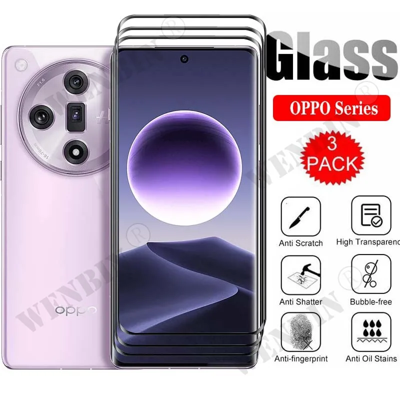 3 Pcs Tempered Glass For OPPO Find X7 Ultra X6 X5 Pro Reno 11 10 9 Pro Plus A98 A79 A18 A58 Curved Full Cover Screen Protector