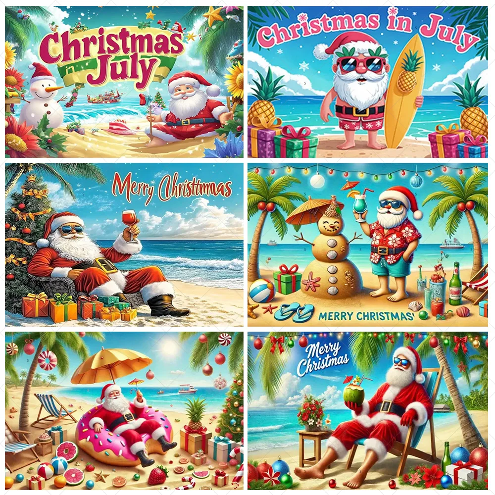 

Seaside Beach Santa Claus Backdrop Supplies Christmas Party Decorations Xmas Tree Snowman Background Banner Photo Shoot Props