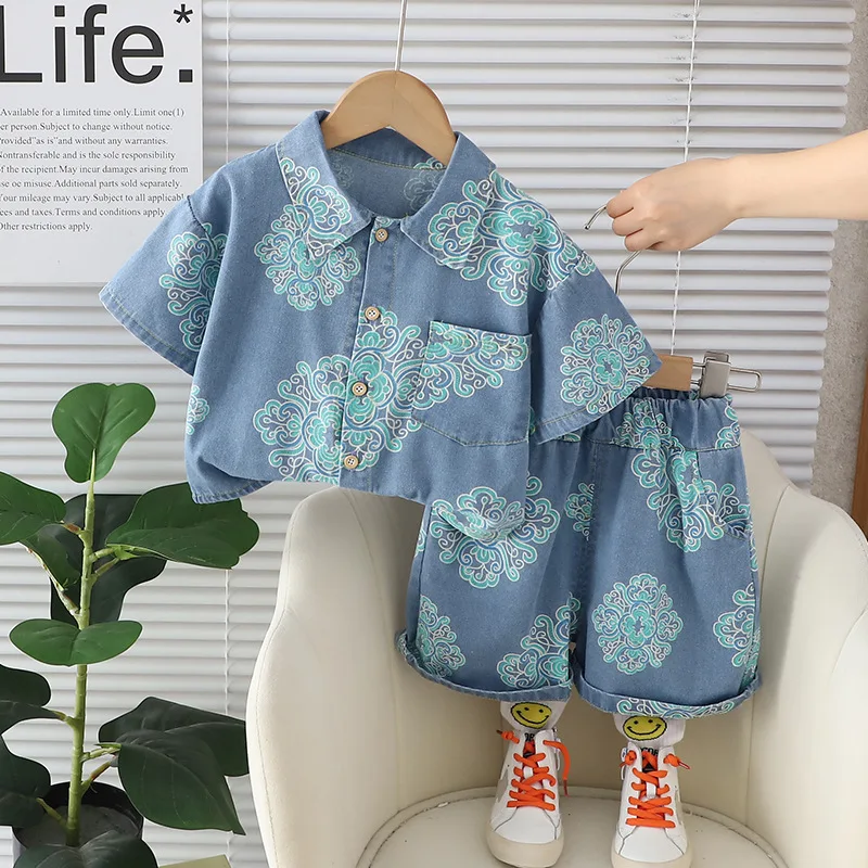 Toddler Boutique Outfits 2024 Summer Baby Boy Clothes 1 To 5 Years Full Print Denim Short Sleeve Shirts and Shorts Kids Suit Set