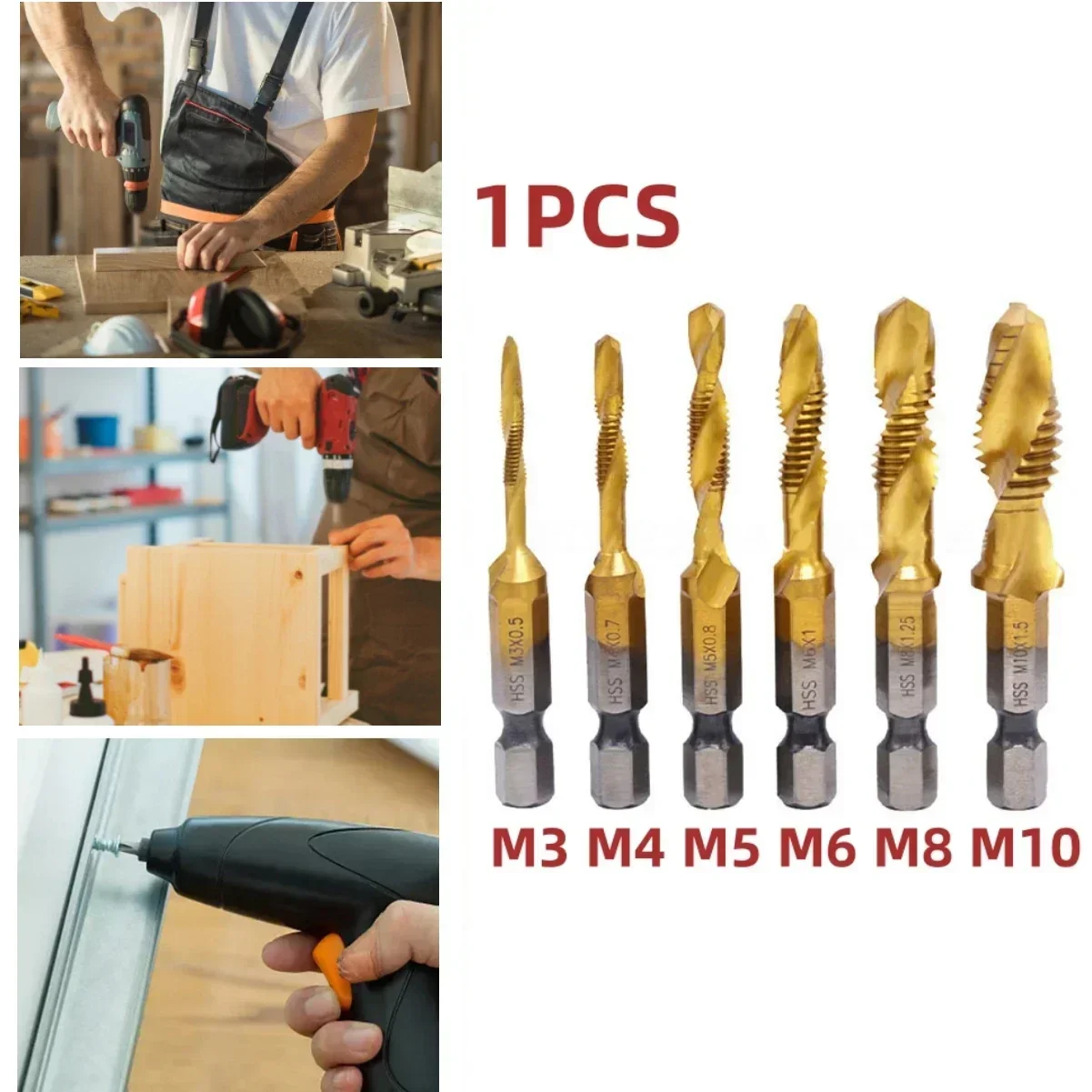 1pc M3 M5 M6 M8 M10 Tap Drill Compound Tap Bit Hex Shank Titanium Plated HSS Thread Metric Tap Woodworking Power Tools