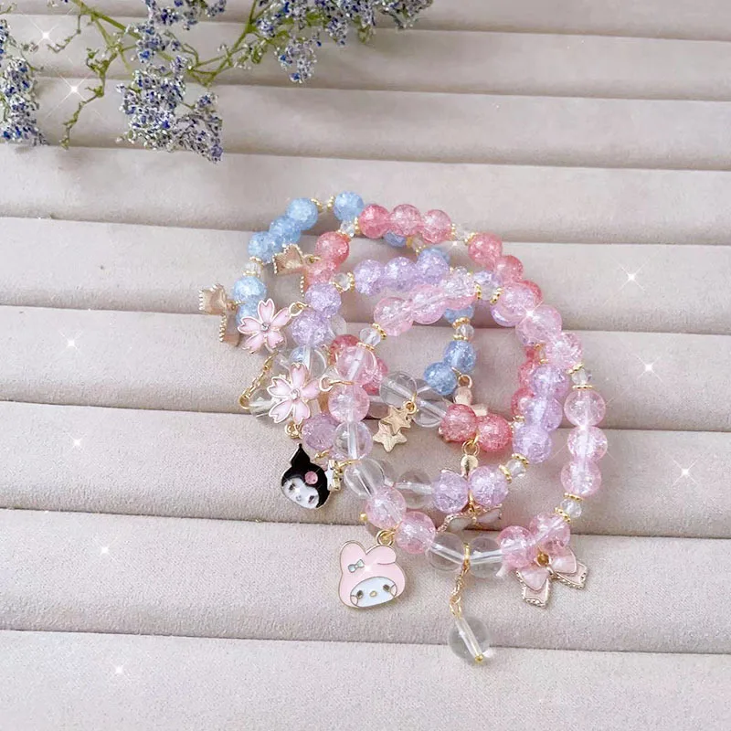 

Милый браслет с кристаллами Hello Kitty для девочек, подвеска Sanrio Kuromi Melody, браслет из бусин для женщин и детей, милый и нежный, многослойный браслет-игрушка