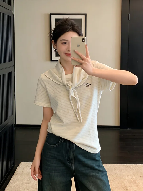 Elegant Embroidered  Stripe Short Sleeve T-Shirt Women's Summer New Style Shoulder Length Small Size Simple Match Shawl Top
