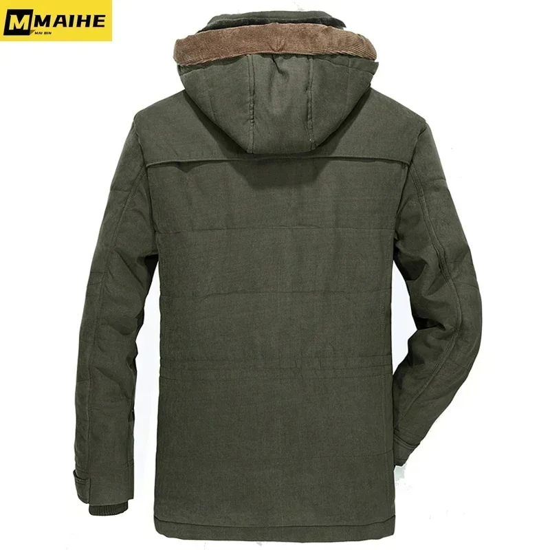 Men\'s Winter Thicken Cotton Snow Ski Hiking Jacket Warm Middle Aged Army Green Work Coat With Removable Hood Parkas Men Clothing