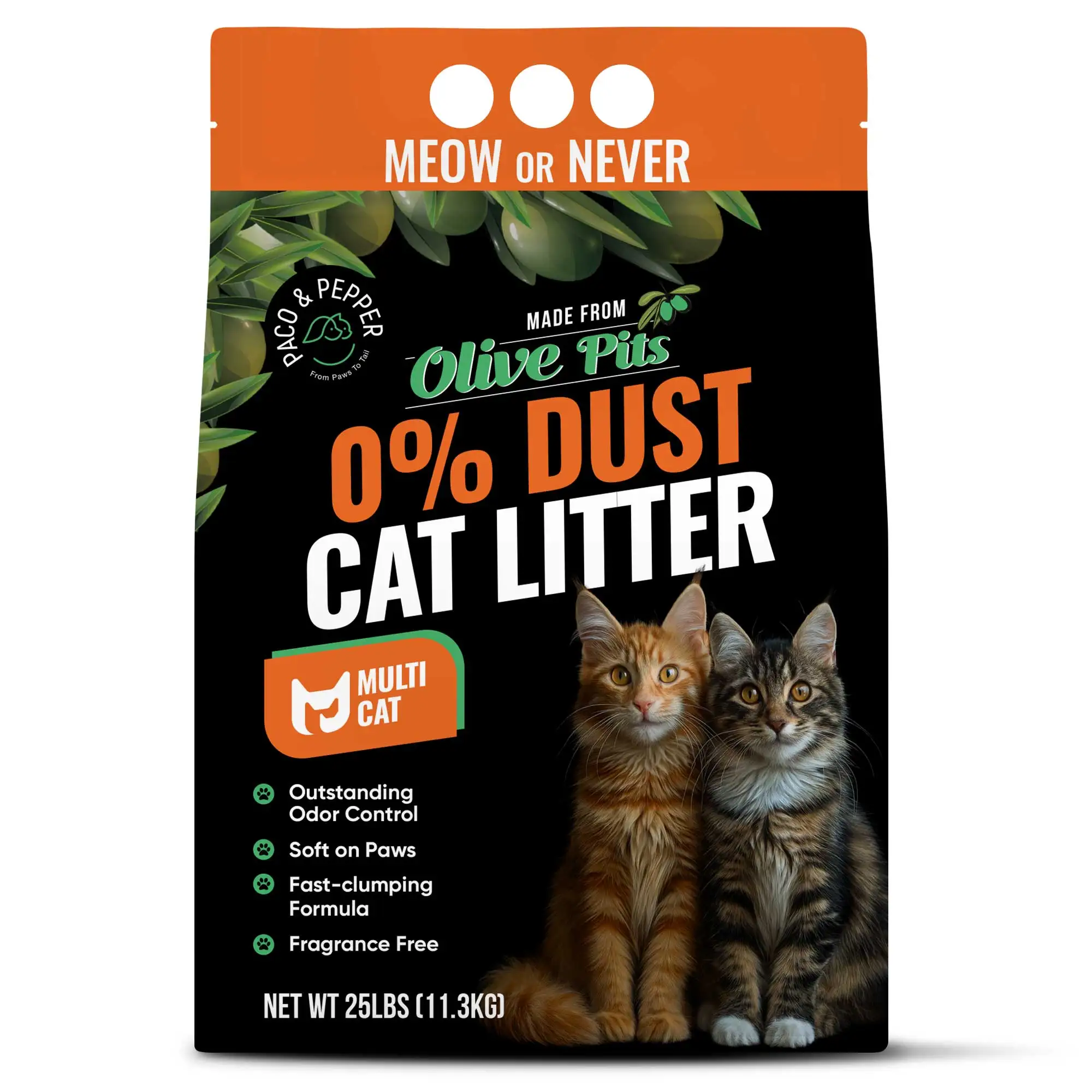 Olive pit based natural clumping cat litter unscented dust free for multiple cats 25 lb bag