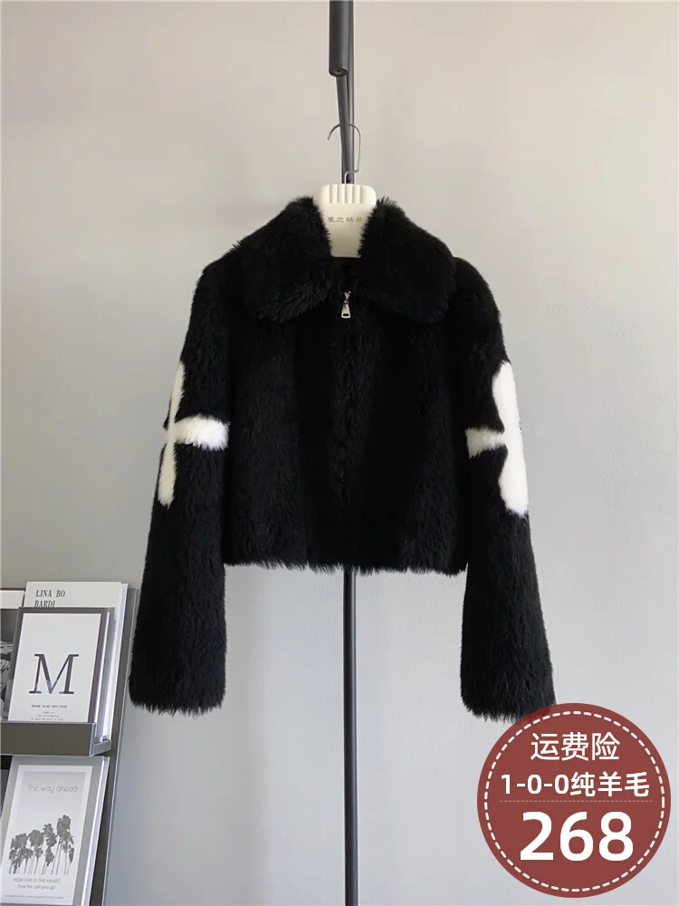 2024 color blocking composite fur fur coat short women's lapel loose and thick autumn and winter sheep shearing fleece