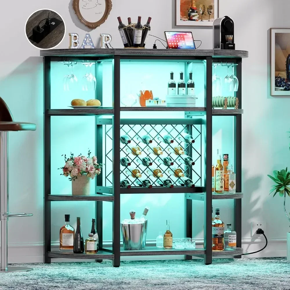 Gabinete de Bar de granja con estante de vino independiente para el gabinete de Bar de vino de cocina casera con luces Led y tomas de corriente