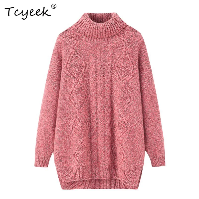 Tcyeek,100% Cashmere Elegant Sweater, Women's High Neck Mid Length Loose Casual Commuting Style,autumn and Winter Top T48913KS