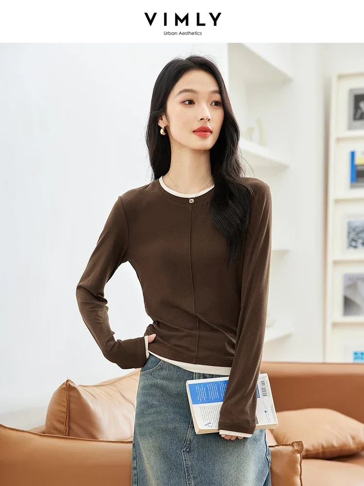 VIMLY Women's Casual Color-Blocked Faux Two-Piece T-Shirt Autumn Simple Long Sleeve Top Slim Office Lady Base Knitted BlouseTop