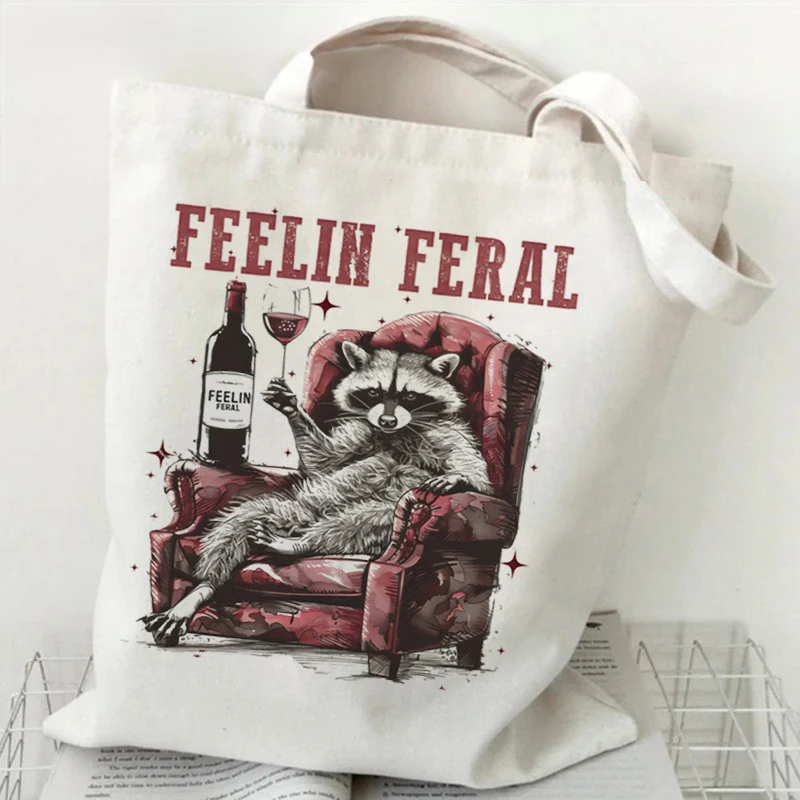 

Women Canvas Shopping Bag Casual Large Capacity Raccoon Print Female Shoulder Bag Eco Handbag Tote Reusable Grocery Shopper Bags