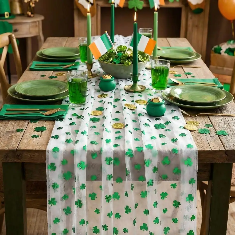 

Набор из 6 зеленых марлевых дорожек на стол с клеверами, 3 метра, сезонные, полупрозрачные, для свадеб, праздников, детских вечеринок, декора стола, домашних вечеринок