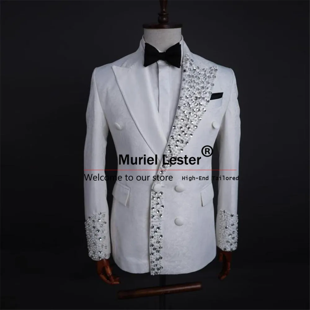 Glitter Diamond Beads Floral Suits Men For Wedding Double Breasted Jacket Pants 2 Pieces Bridegroom Tuxedos Bespoke Man Clothing