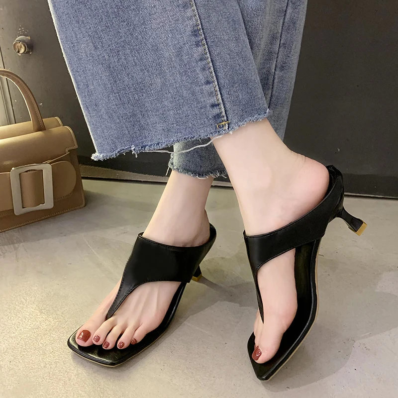 Women\'s Slippers Summer New High Heel Square Toe Shallow Mouth Flip-flops Fashion Temperament Increase Heel Sandals