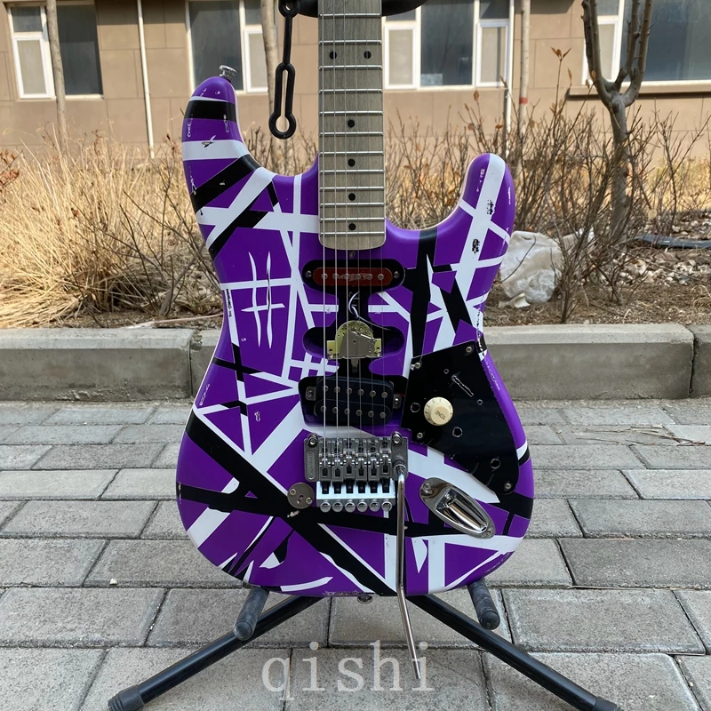 Eddie Van Halen Heavy Relic purple Franken 5150 Electric Guitar Black White Stripes Floyd Rose Tremolo Bridge real reflector