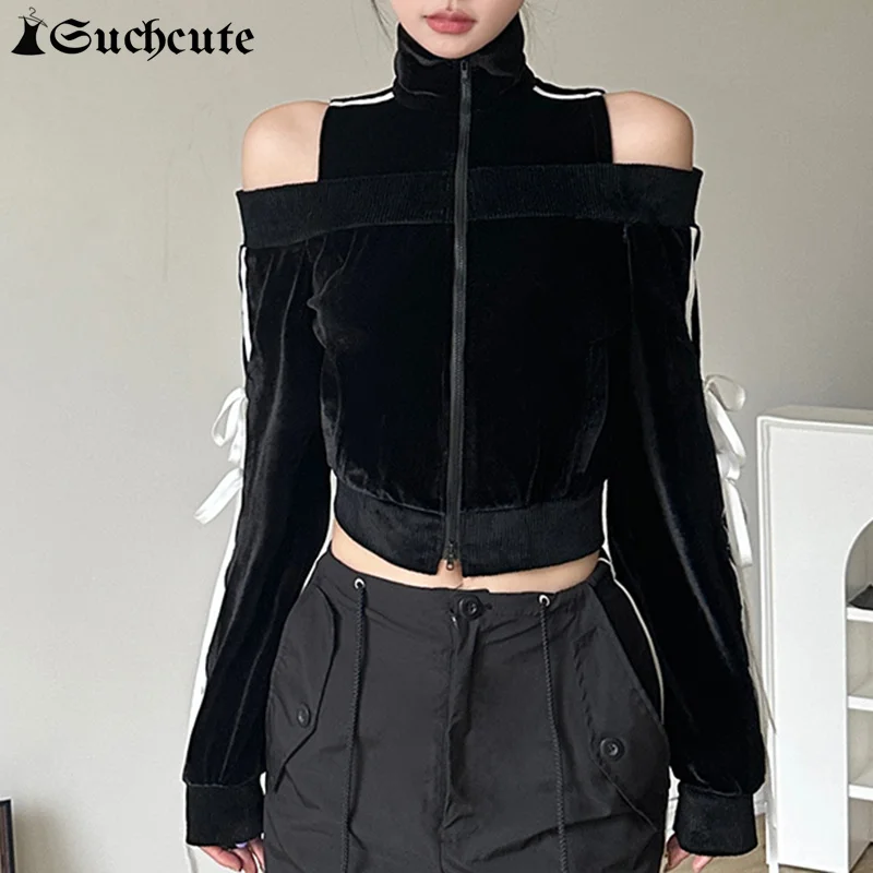 SUCHCUTE Stripe Off Shoulder Zip Up Bow Lace Up Hoodies Stand Collar Y2K Cropped Sweatshirt Fashion Causal Cardigan Kpop Clothes