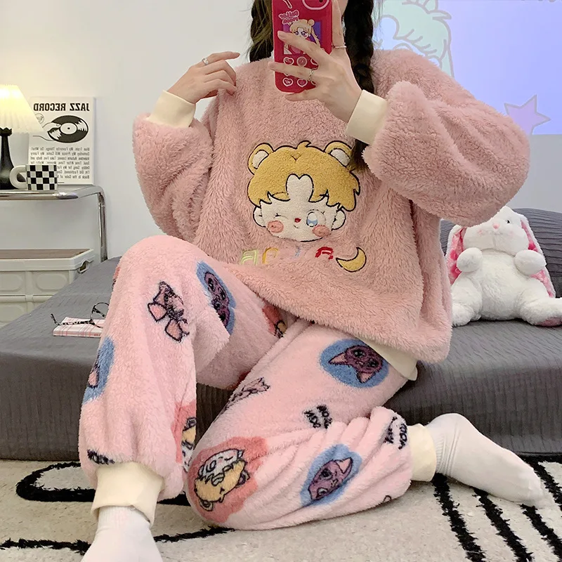 

Fleece Pajamas For Women Winter Warm Sleepwear Kawaii Pyjama 2 Pieces Home Clothes Cute School Girls Nightwear Cozy Flannel Suit