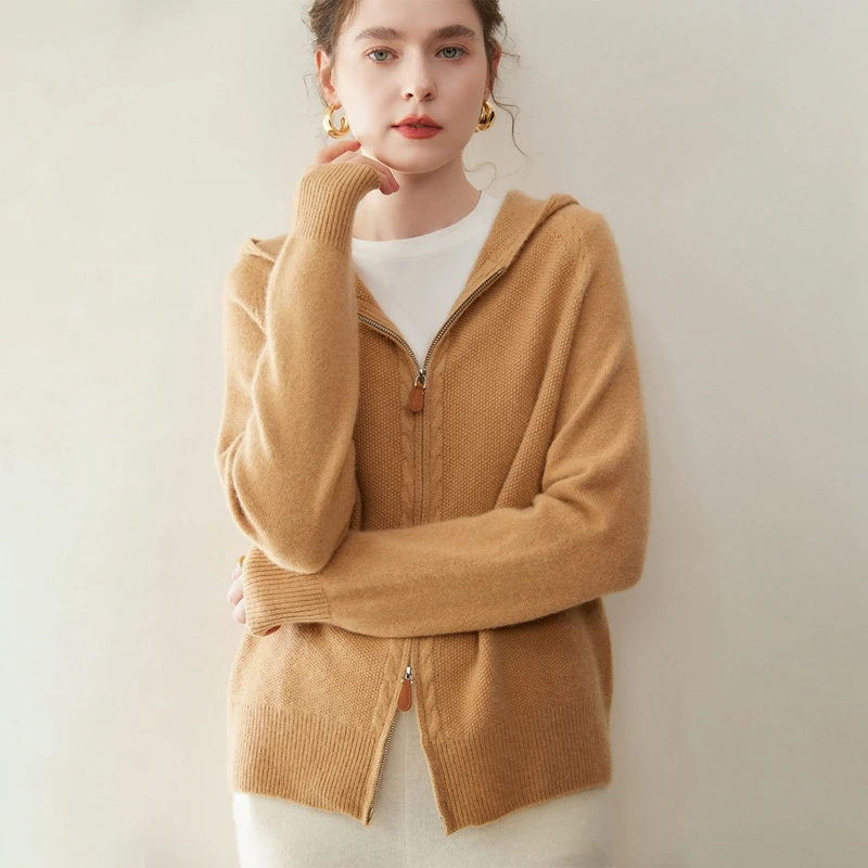 New 100% Cashmere Cardigan Sweater Women's Zippers Thick Autumn Winter Raglan Sleeve Simple Knitwear Grace Cashmere Clothing Top
