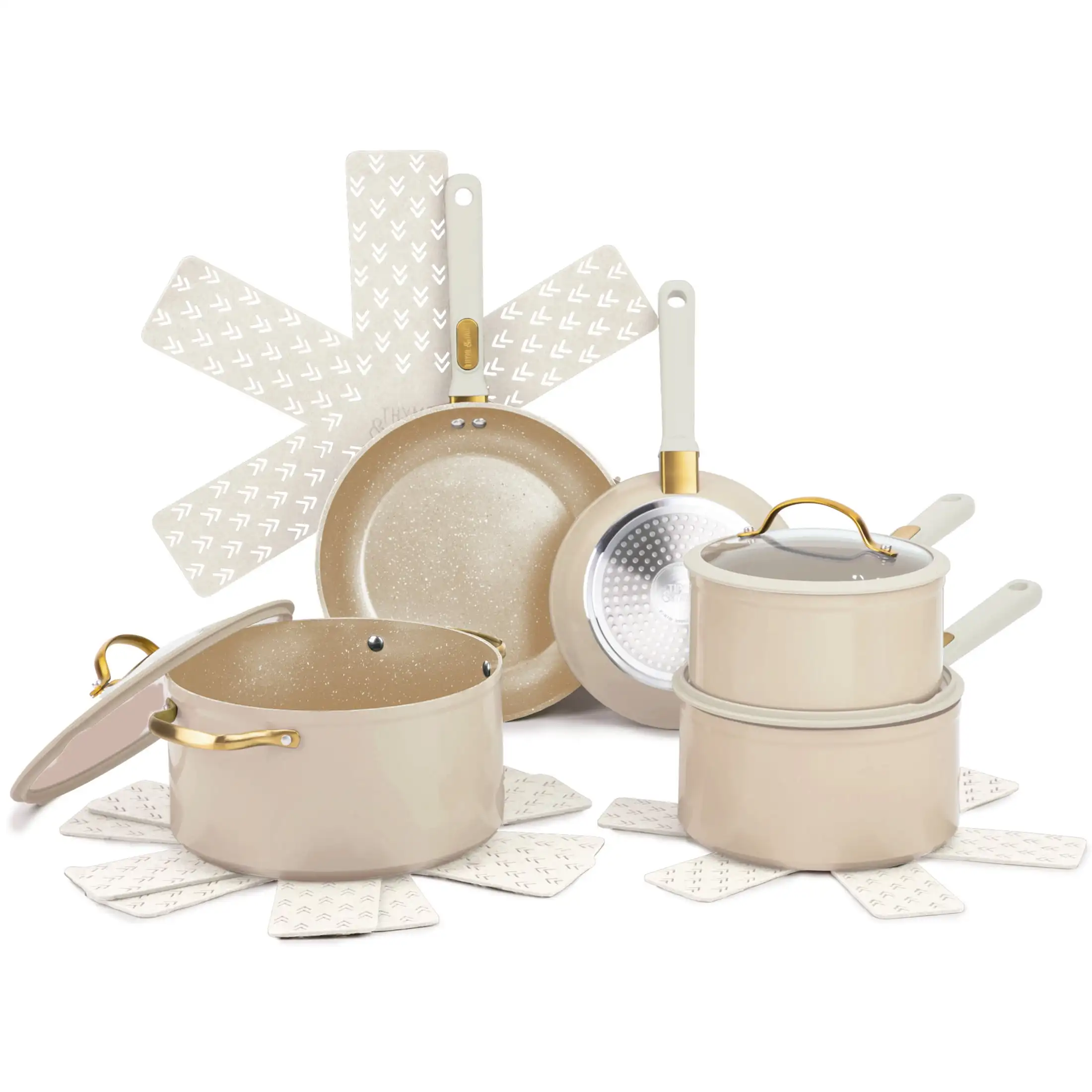 

12 Piece Cookware Set Non-Stick Taupe Gold Durability and Reliability Makes for Effortless Food Release and Quick Cleanup