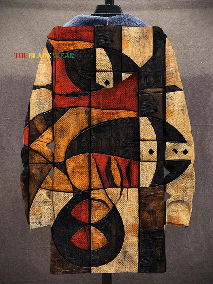 Vintage African Tribal Art Abstract Geometric Totem Painting Print Unisex Plush Thick Long-Sleeved Sweater Cardigan Coat