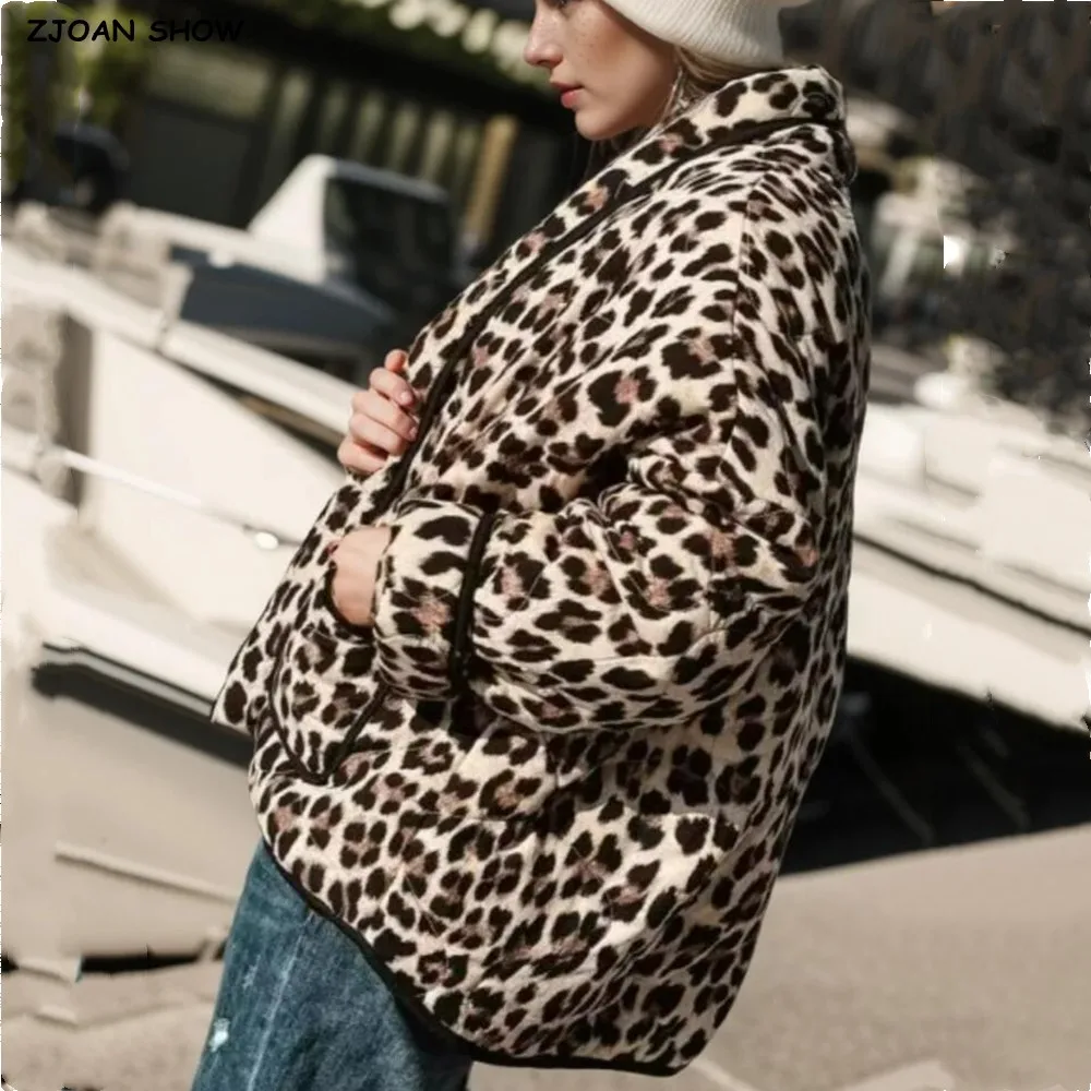 

Retro Coffee Black Leopard Print Lapel Quilted Coat Ethnic Women Quilting Full Sleeve Warm Loose Jacket Oversize Outerwear