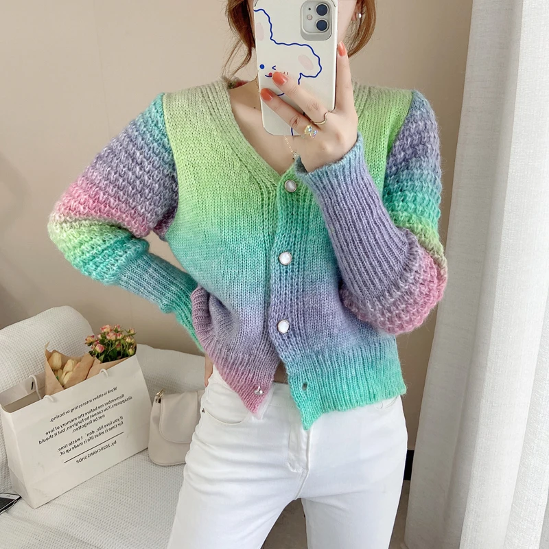 Zoki Elegant Women Rainbow Cardigan Japan Casual Long Sleeve Gradient Knitted Coats Sweet Casual Design Female Fashion Sweaters