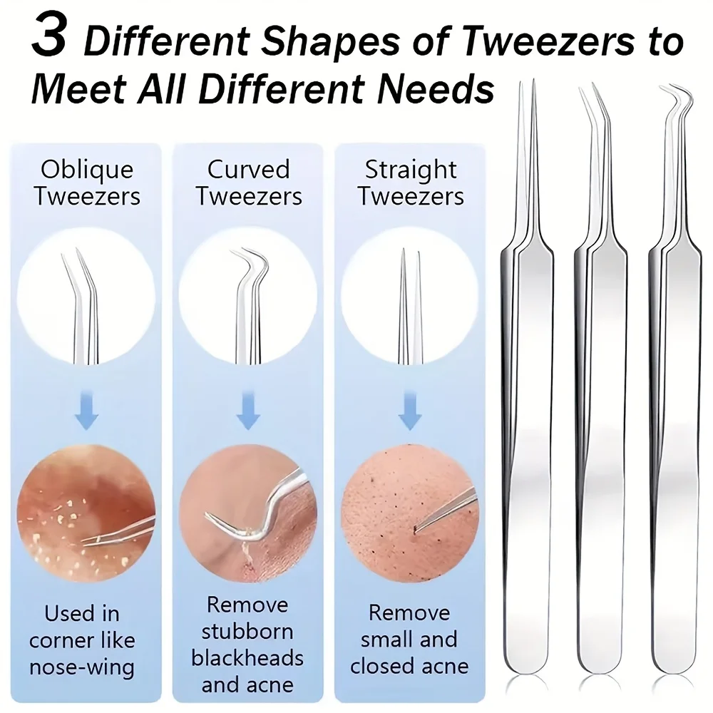3-piece Set Of Beauty Tools, Needle Set, Stainless Steel Blackhead & Set - Precision Tweezers and Cell Clip, Fragrance-Free