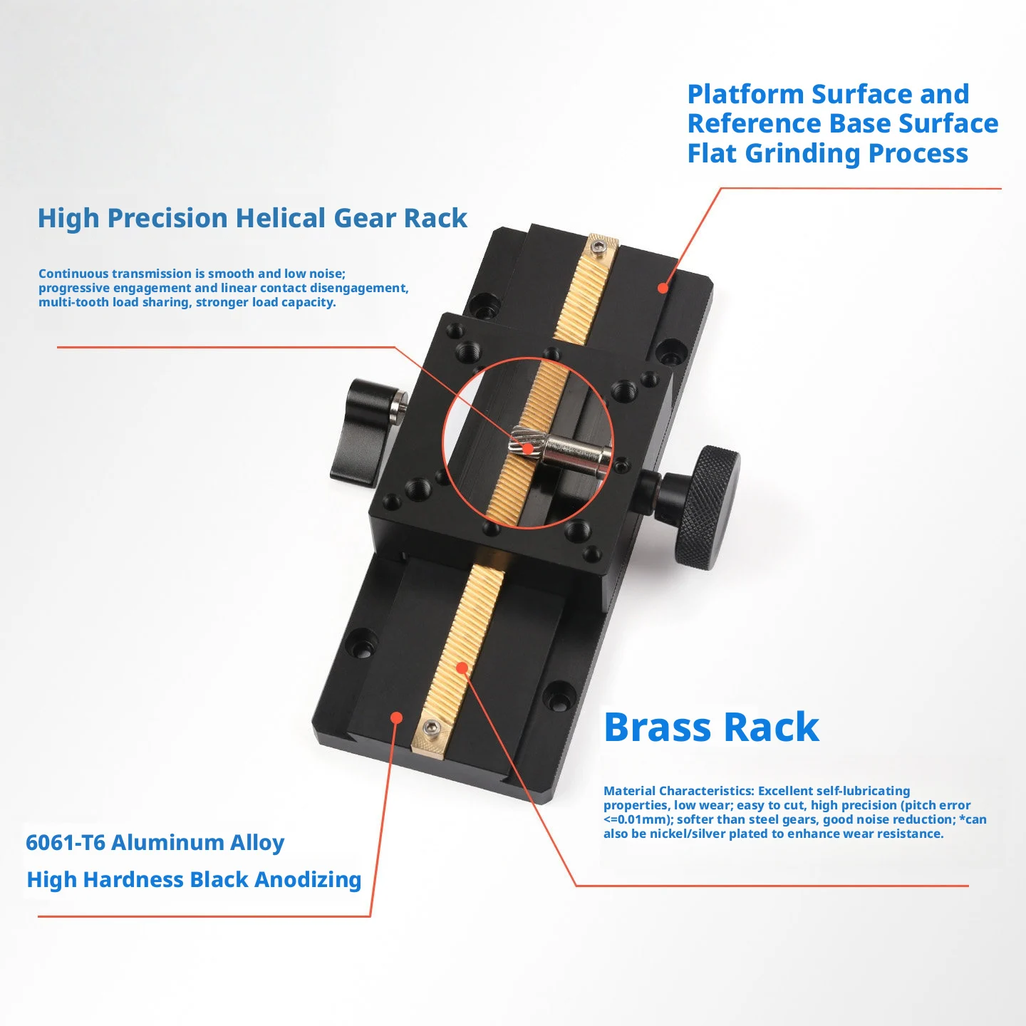 Adjustable Preload Linear Stage with Brass Rack & Pinion, 6061-T6 Aluminum, Laser Scale, 25–60mm Width, 30–560mm Travel